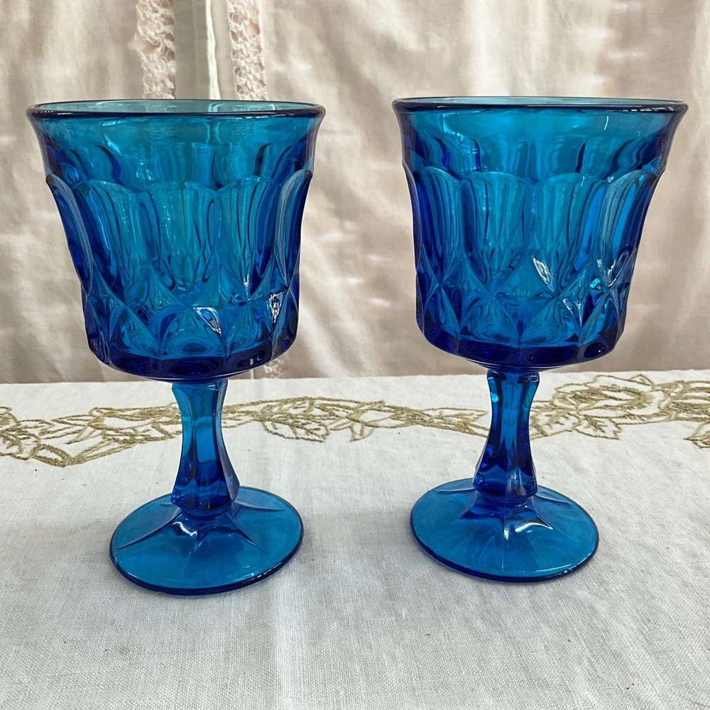 Vintage Set of 2 Noritake Perspective Cobalt Blue Water Goblets Wine Footed